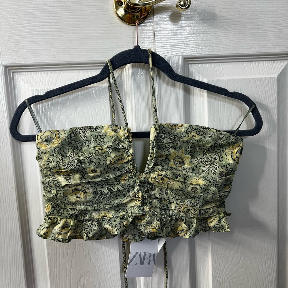 ZARA Paisley Green Crop Top with Neck Tie. Size SMALL. New with Tags.